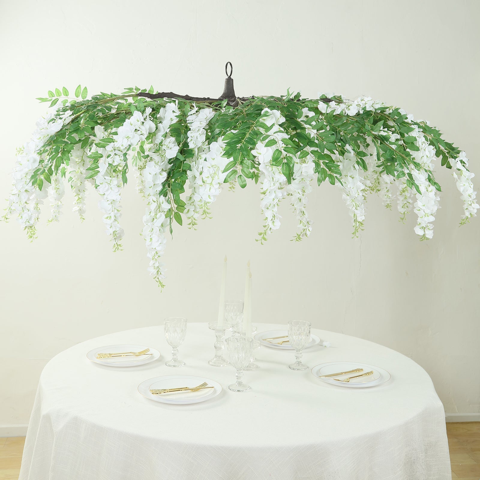 55" White Artificial Silk Wisteria Vine Round Hanging Canopy, Draping Garland Flower Chandelier With Interchangeable Branches - Bell Racket Store
