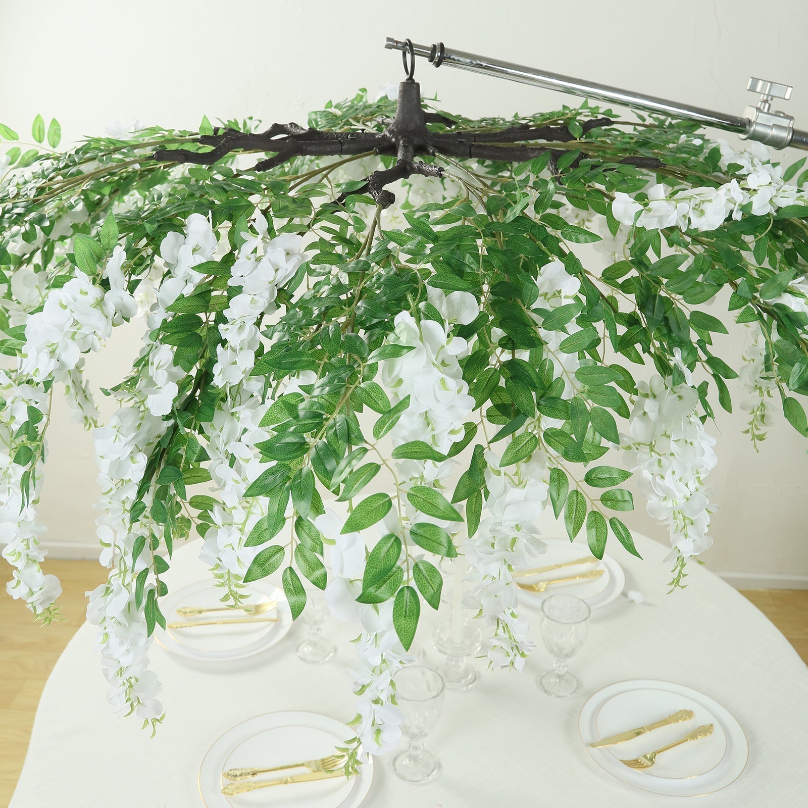 55" White Artificial Silk Wisteria Vine Round Hanging Canopy, Draping Garland Flower Chandelier With Interchangeable Branches - Bell Racket Store