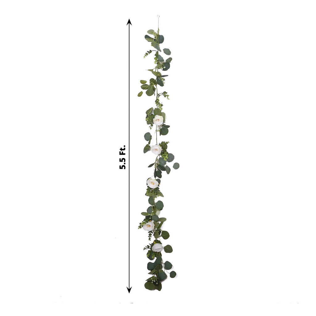 5.5ft Artificial Eucalyptus Leaf Hanging Vines With 7 White Rose Flower Heads, Floral Greenery Table Garland - Bell Racket Store