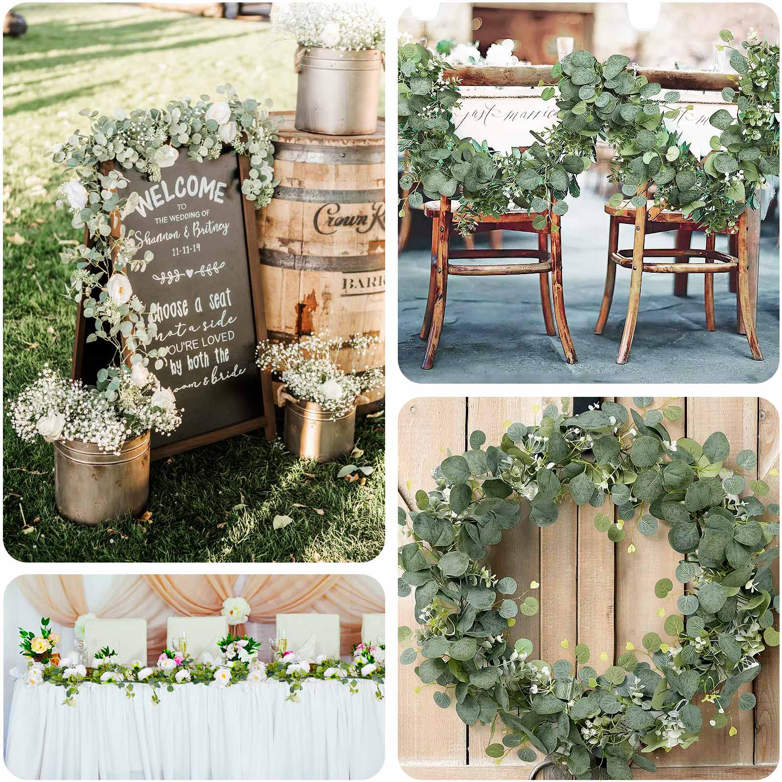 5.5ft Artificial Eucalyptus Leaf Hanging Vines With 7 White Rose Flower Heads, Floral Greenery Table Garland - Bell Racket Store