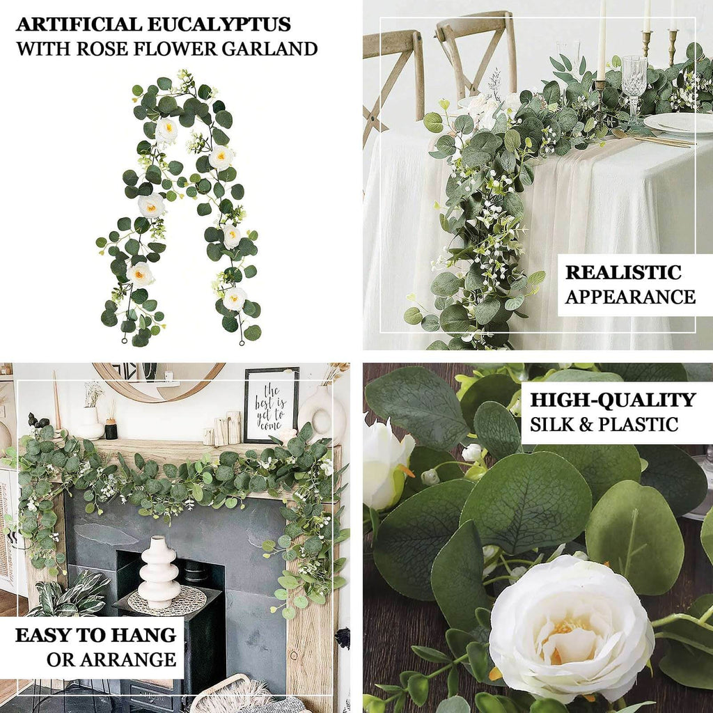 5.5ft Artificial Eucalyptus Leaf Hanging Vines With 7 White Rose Flower Heads, Floral Greenery Table Garland - Bell Racket Store