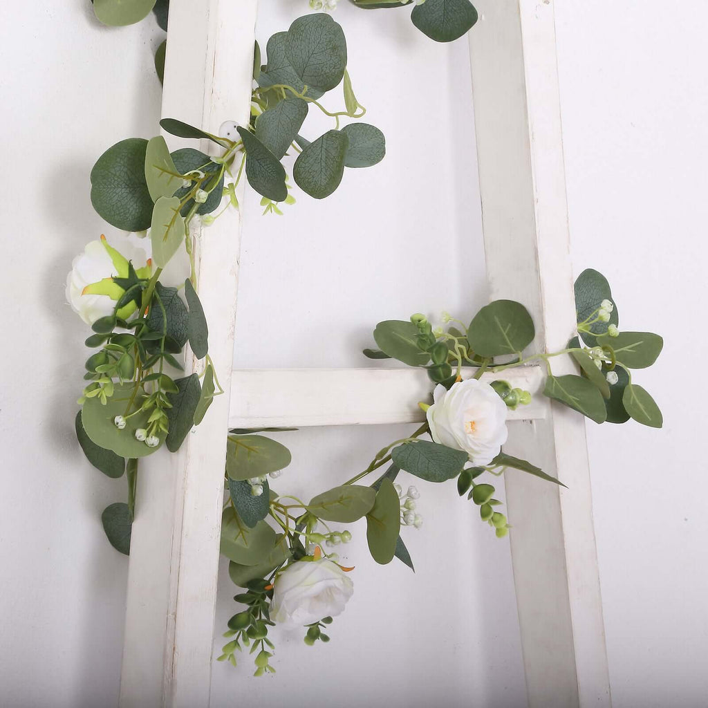 5.5ft Artificial Eucalyptus Leaf Hanging Vines With 7 White Rose Flower Heads, Floral Greenery Table Garland - Bell Racket Store