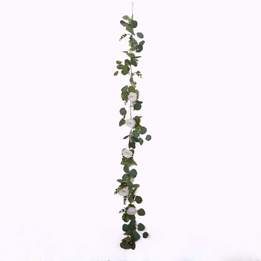 5.5ft Artificial Eucalyptus Leaf Hanging Vines With 7 White Rose Flower Heads, Floral Greenery Table Garland - Bell Racket Store