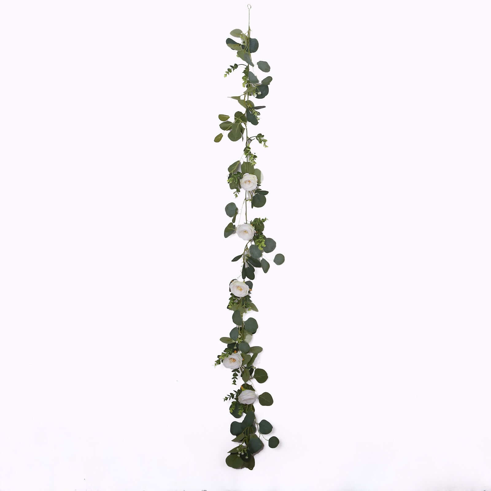 5.5ft Artificial Eucalyptus Leaf Hanging Vines With 7 White Rose Flower Heads, Floral Greenery Table Garland - Bell Racket Store