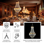 5ft Empire Style Beaded Crystal Chandelier with Gold Ornate Metal Frame, Adjustable Hanging Farmhouse Pendant Ceiling Lighting - Bell Racket Store