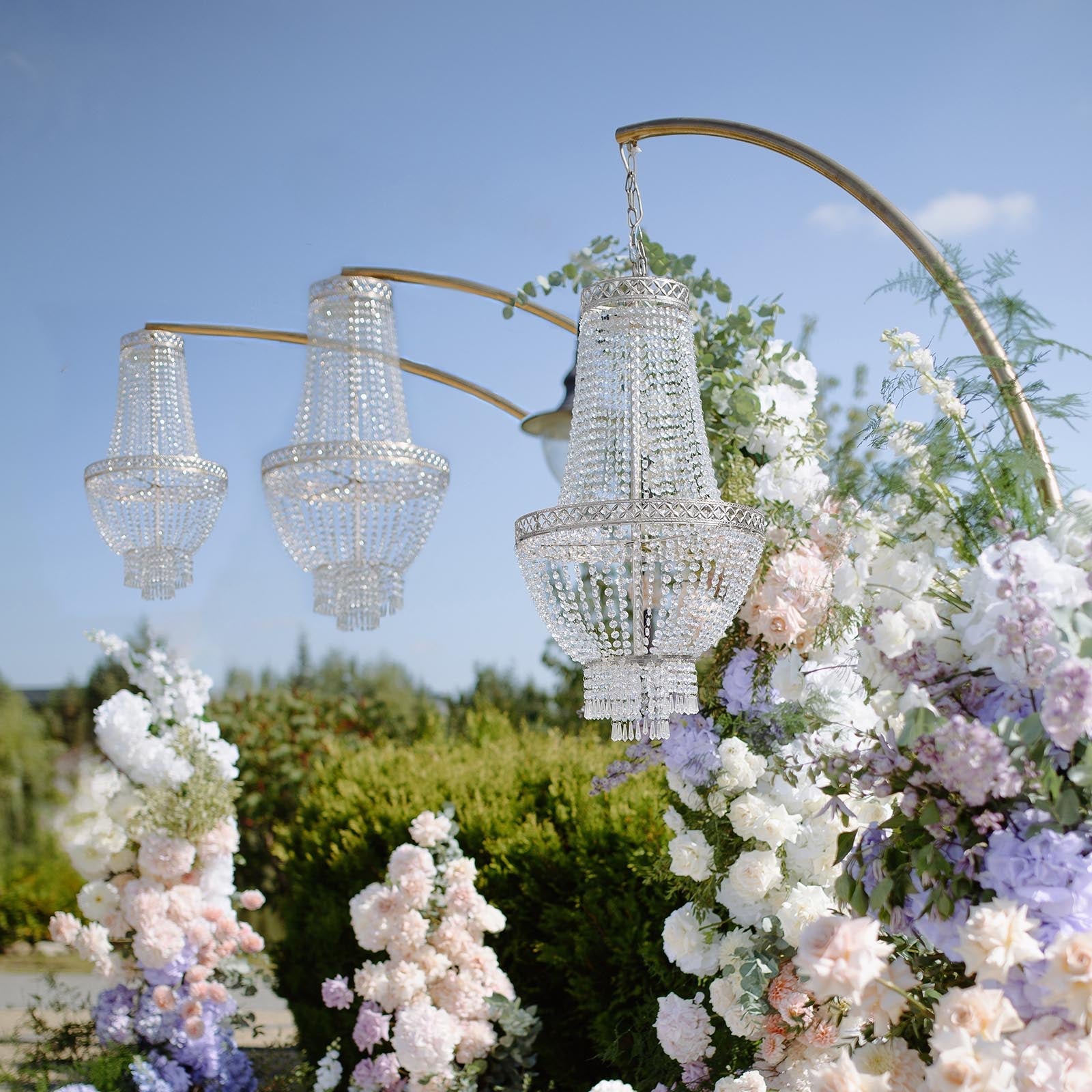 5ft Empire Style Beaded Crystal Chandelier with Silver Ornate Metal Frame, Adjustable Hanging Farmhouse Pendant Ceiling Lighting - Bell Racket Store