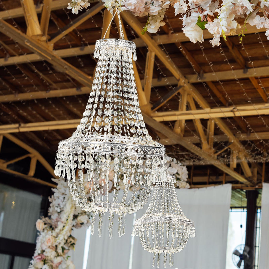 5ft Empire Style Beaded Crystal Chandelier with Silver Ornate Metal Frame, Adjustable Hanging Farmhouse Pendant Ceiling Lighting - Bell Racket Store