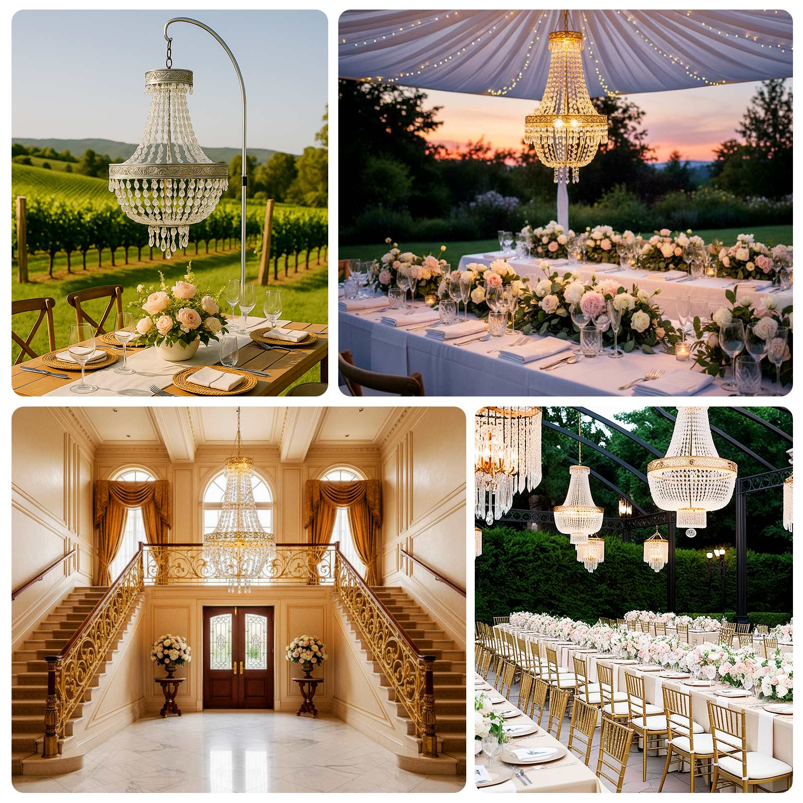 5ft Empire Style Beaded Crystal Chandelier with Silver Ornate Metal Frame, Adjustable Hanging Farmhouse Pendant Ceiling Lighting - Bell Racket Store