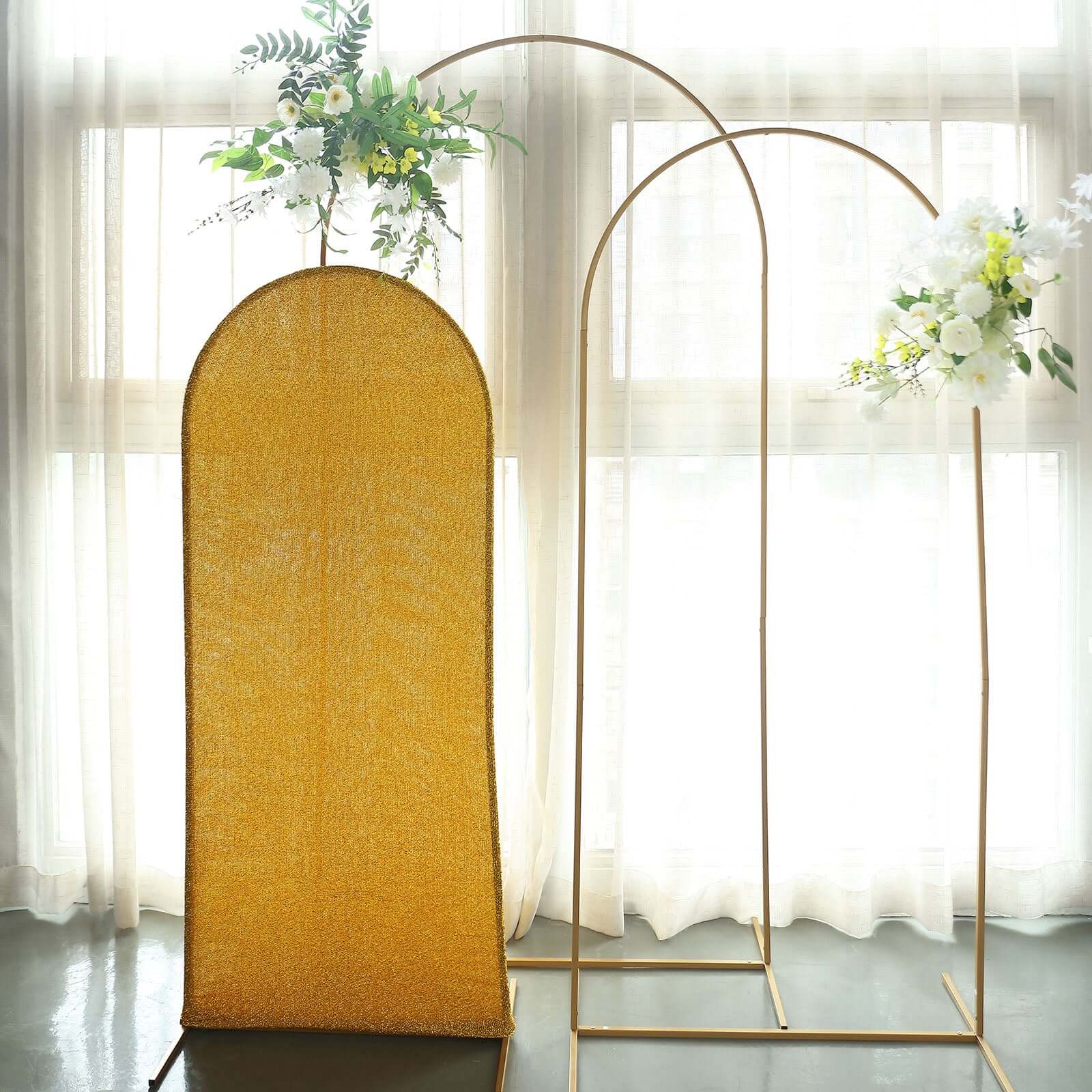 5ft Gold Shimmer Tinsel Spandex Chiara Backdrop Stand Cover For Fitted Round Top Wedding Arch - Bell Racket Store
