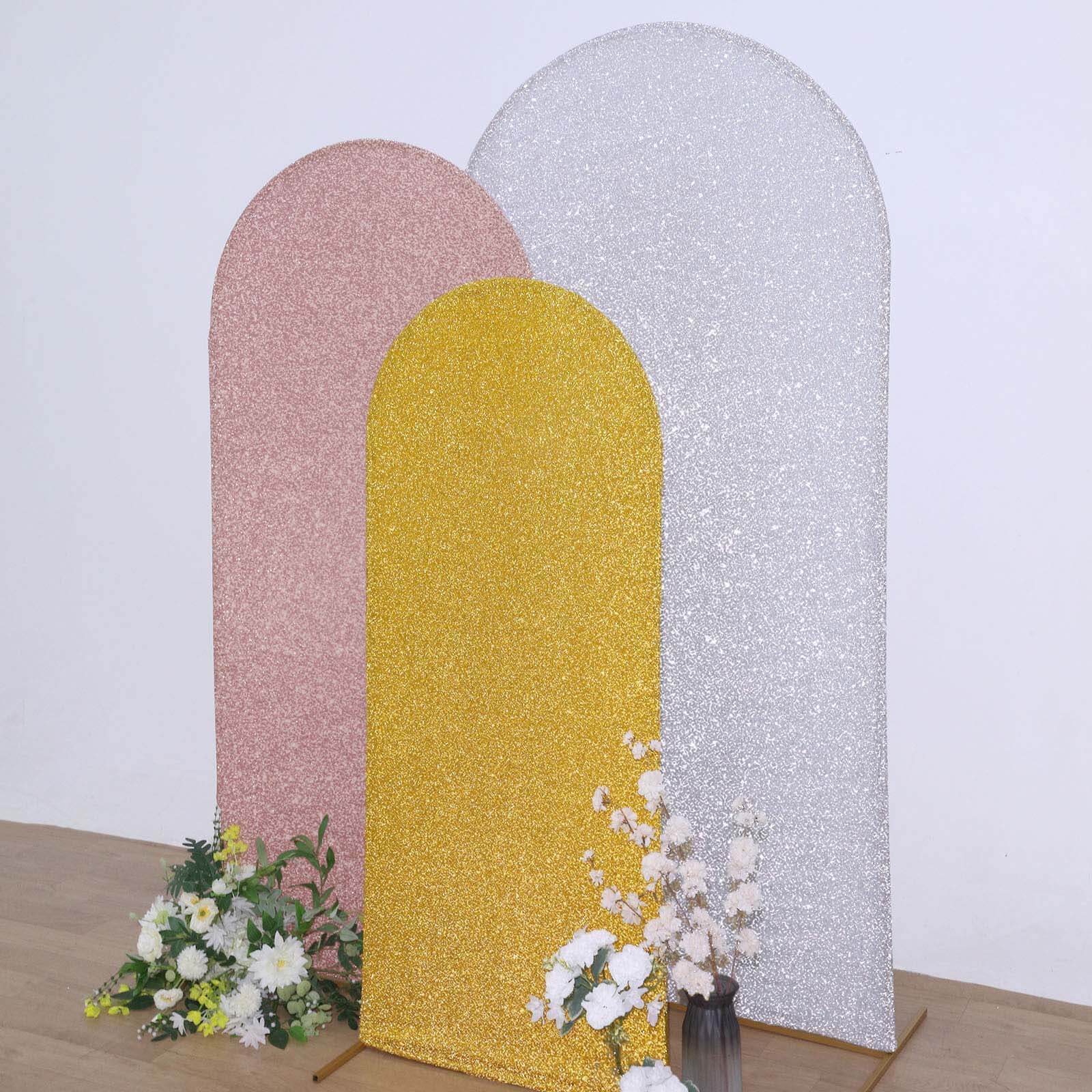 5ft Gold Shimmer Tinsel Spandex Chiara Backdrop Stand Cover For Fitted Round Top Wedding Arch - Bell Racket Store