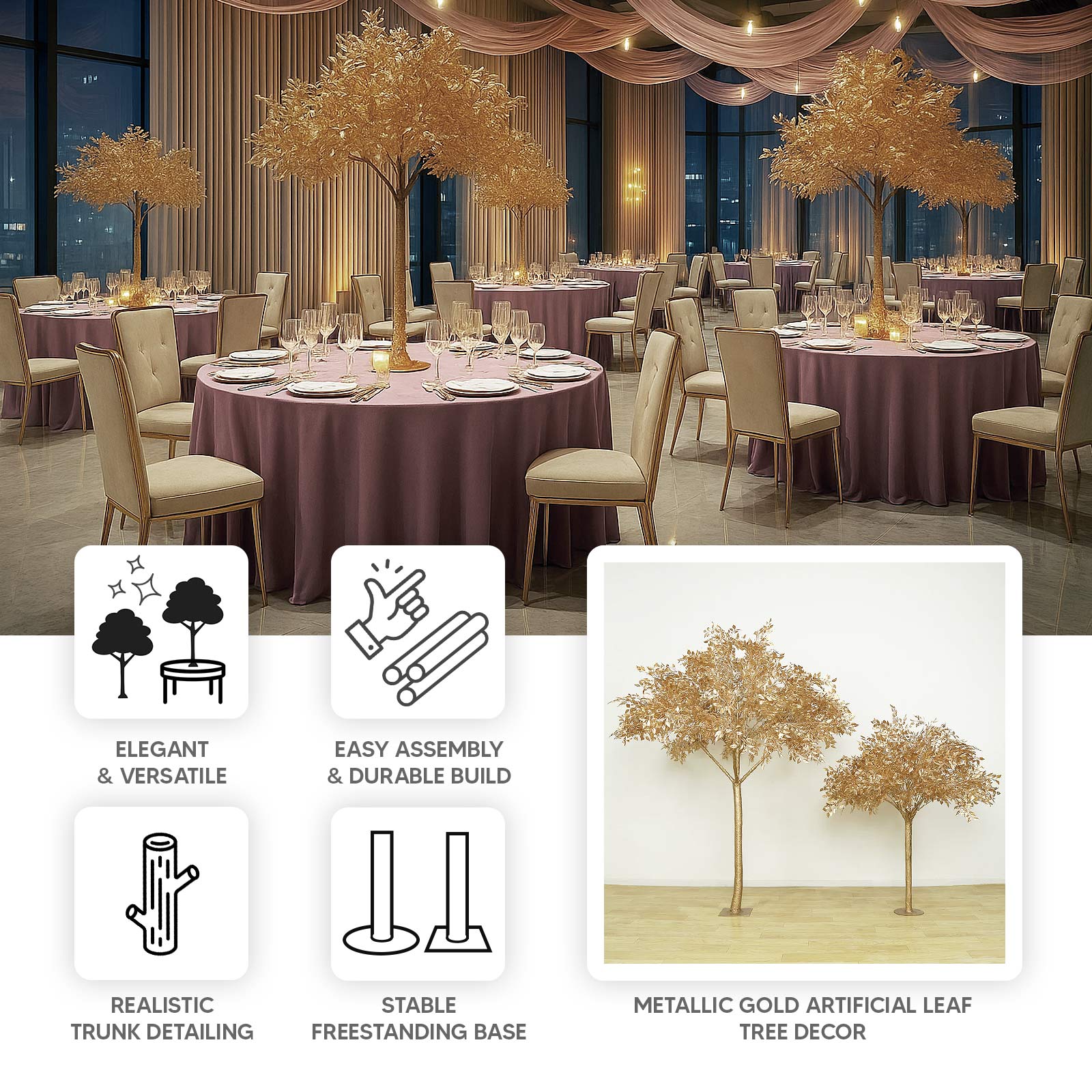 5ft Golden Faux Leaf Trees with Natural - Look Trunks â€“ Floor DÃ©cor for Venues & Events - Bell Racket Store