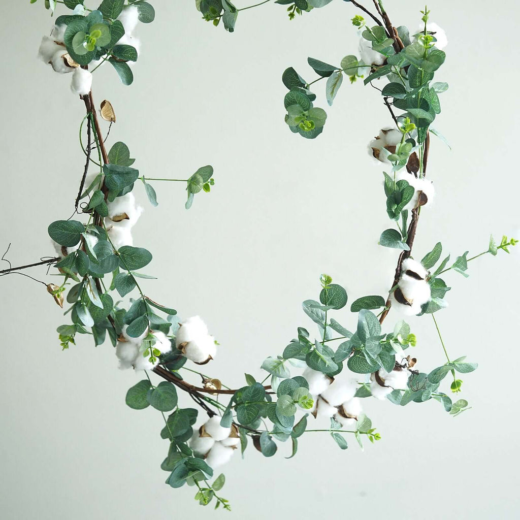 5ft Green Artificial Eucalyptus Leaf, White Cotton Ball Garland Vine