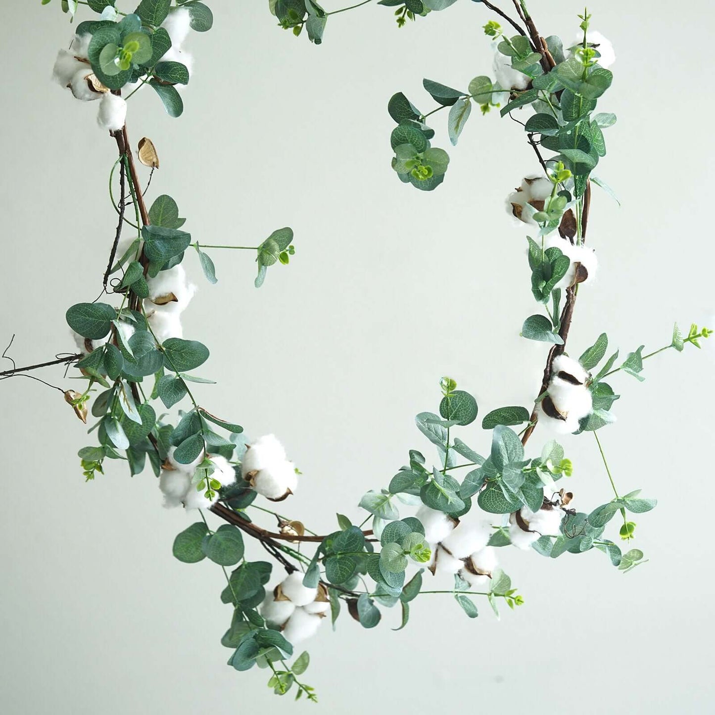 5ft Green Artificial Eucalyptus Leaf, White Cotton Ball Garland Vine