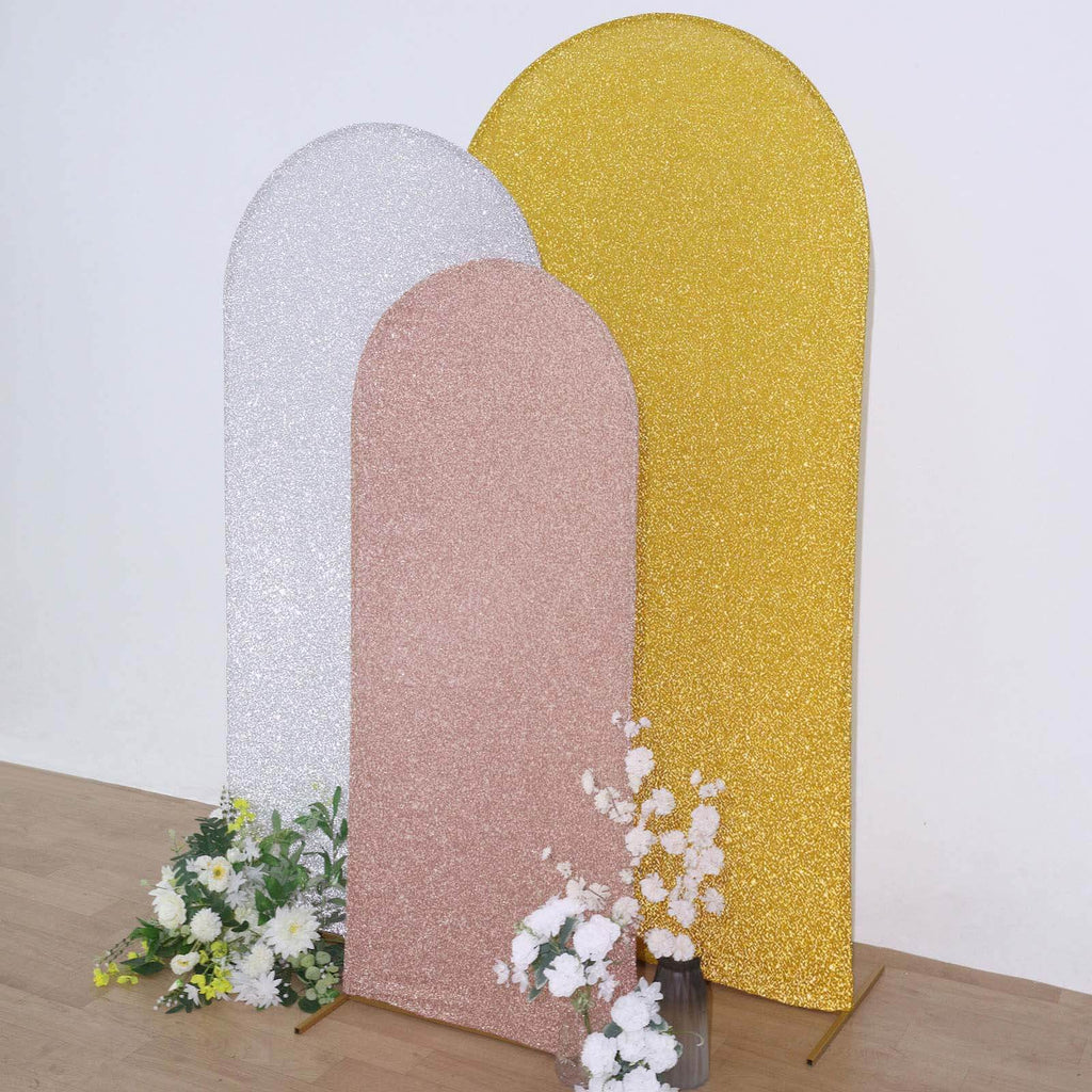 5ft Rose Gold Shimmer Tinsel Spandex Chiara Backdrop Stand Cover For Fitted Round Top Wedding Arch - Bell Racket Store