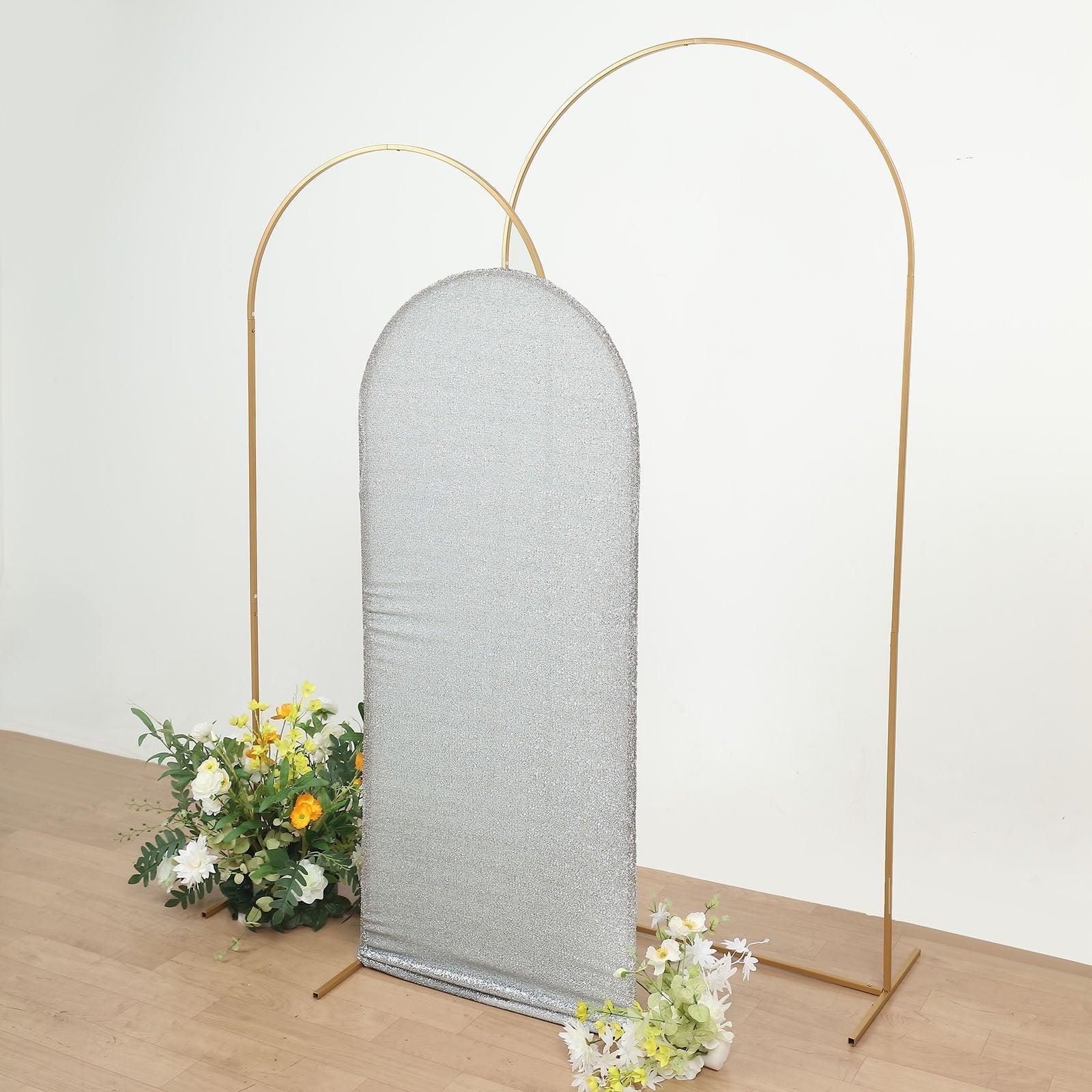 5ft Silver Shimmer Tinsel Spandex Chiara Backdrop Stand Cover For Fitted Round Top Wedding Arch - Bell Racket Store