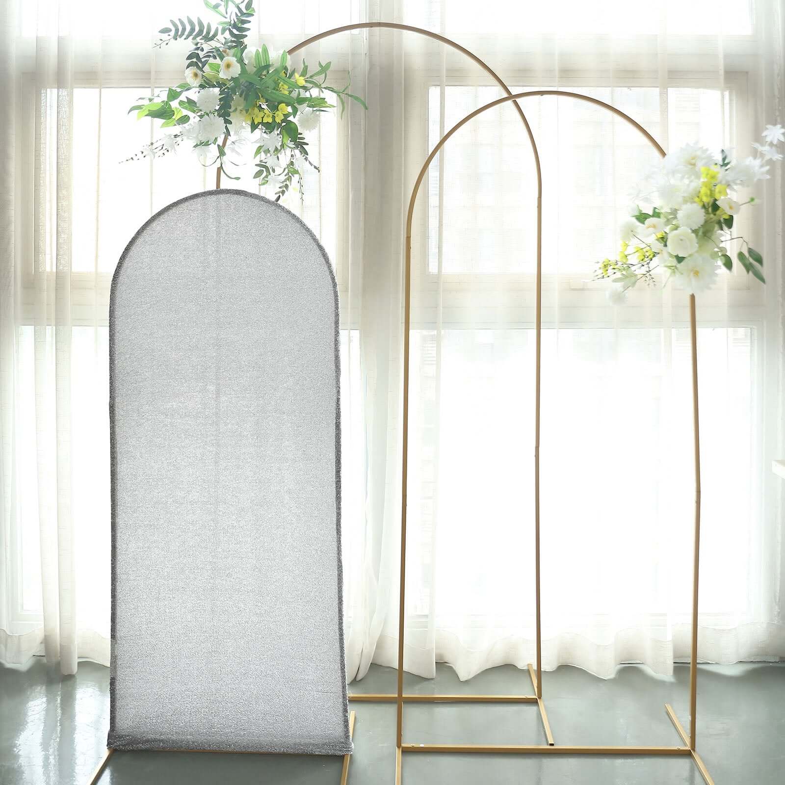 5ft Silver Shimmer Tinsel Spandex Chiara Backdrop Stand Cover For Fitted Round Top Wedding Arch - Bell Racket Store