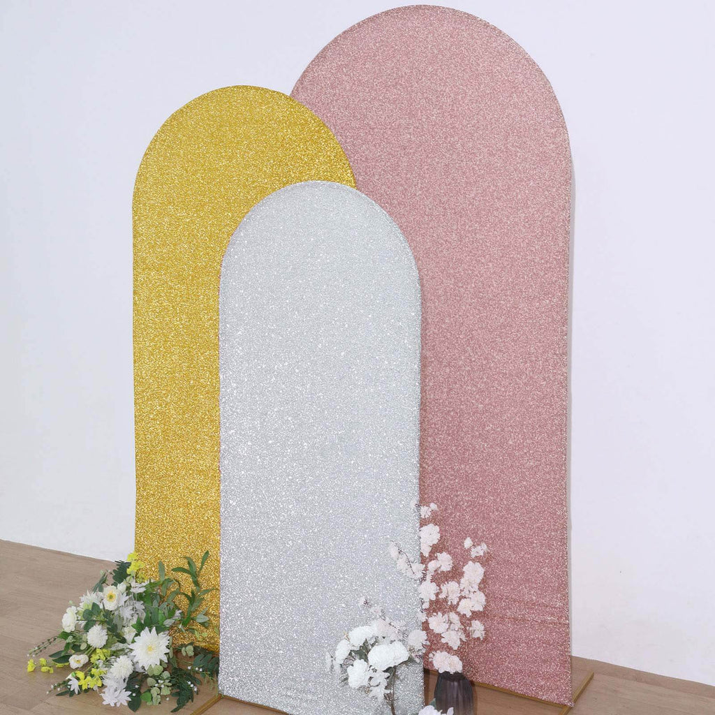 5ft Silver Shimmer Tinsel Spandex Chiara Backdrop Stand Cover For Fitted Round Top Wedding Arch - Bell Racket Store