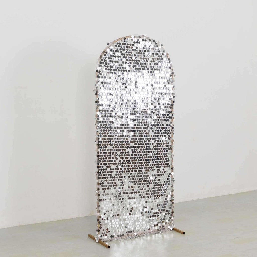 5ft Sparkly Silver Big Payette Sequin Fitted Wedding Arch Cover for Round Top Chiara Backdrop Stand - Bell Racket Store
