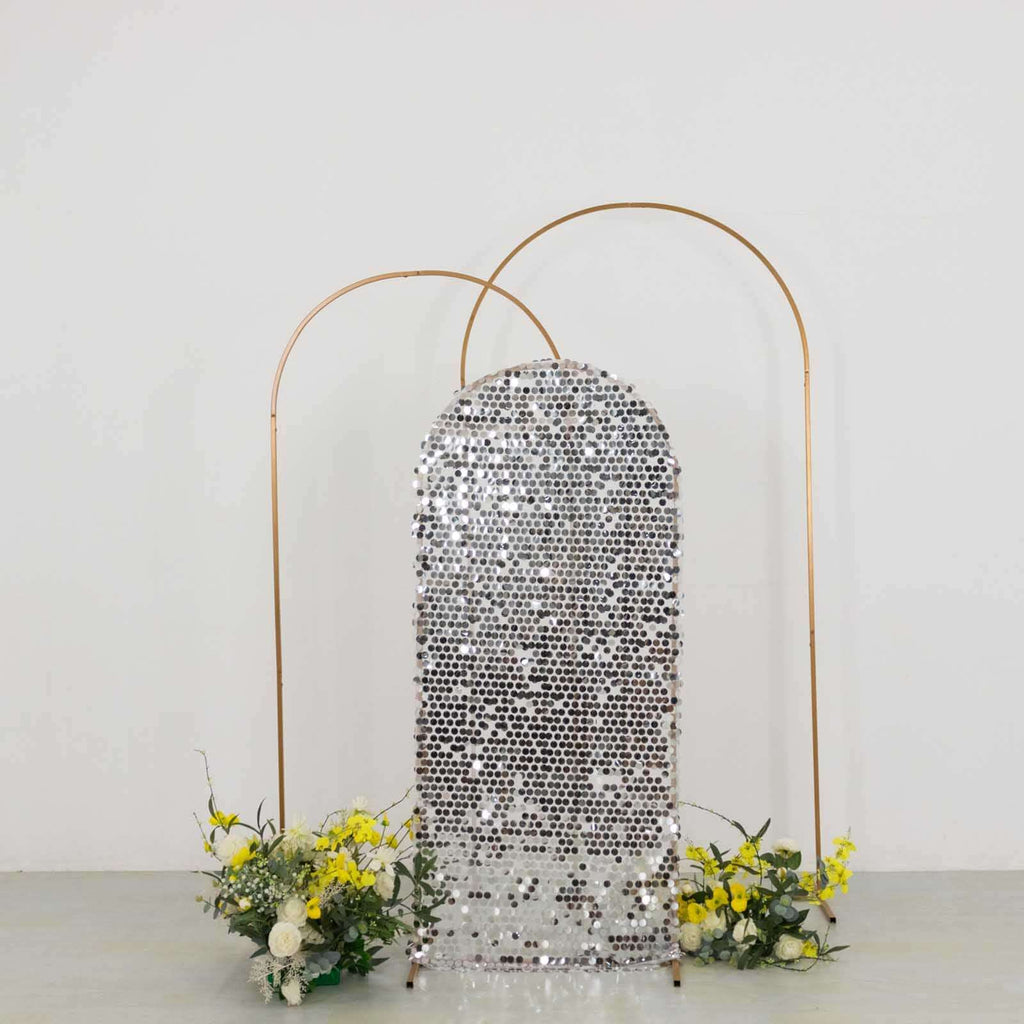 5ft Sparkly Silver Big Payette Sequin Fitted Wedding Arch Cover for Round Top Chiara Backdrop Stand - Bell Racket Store