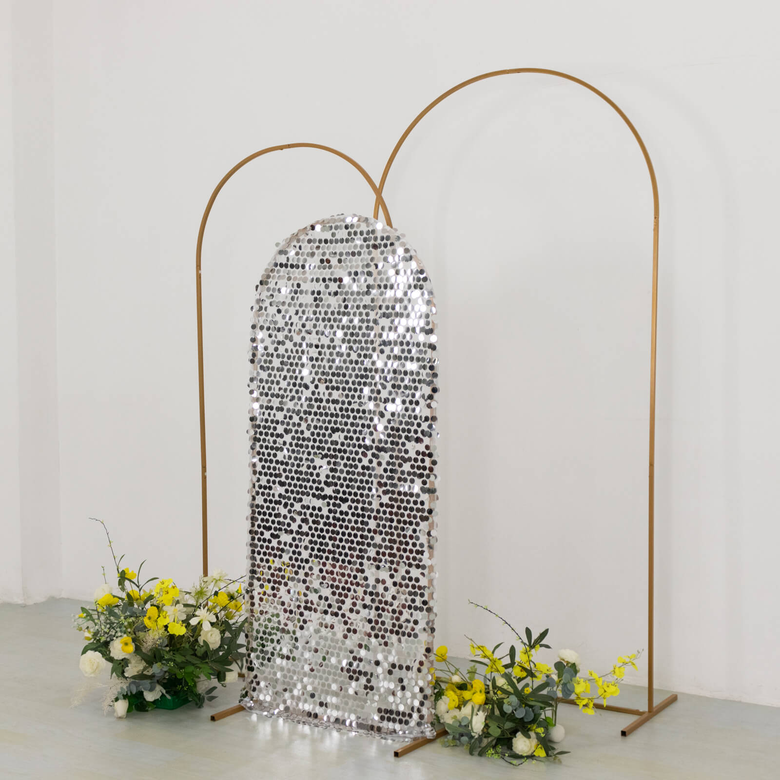 5ft Sparkly Silver Big Payette Sequin Fitted Wedding Arch Cover for Round Top Chiara Backdrop Stand - Bell Racket Store