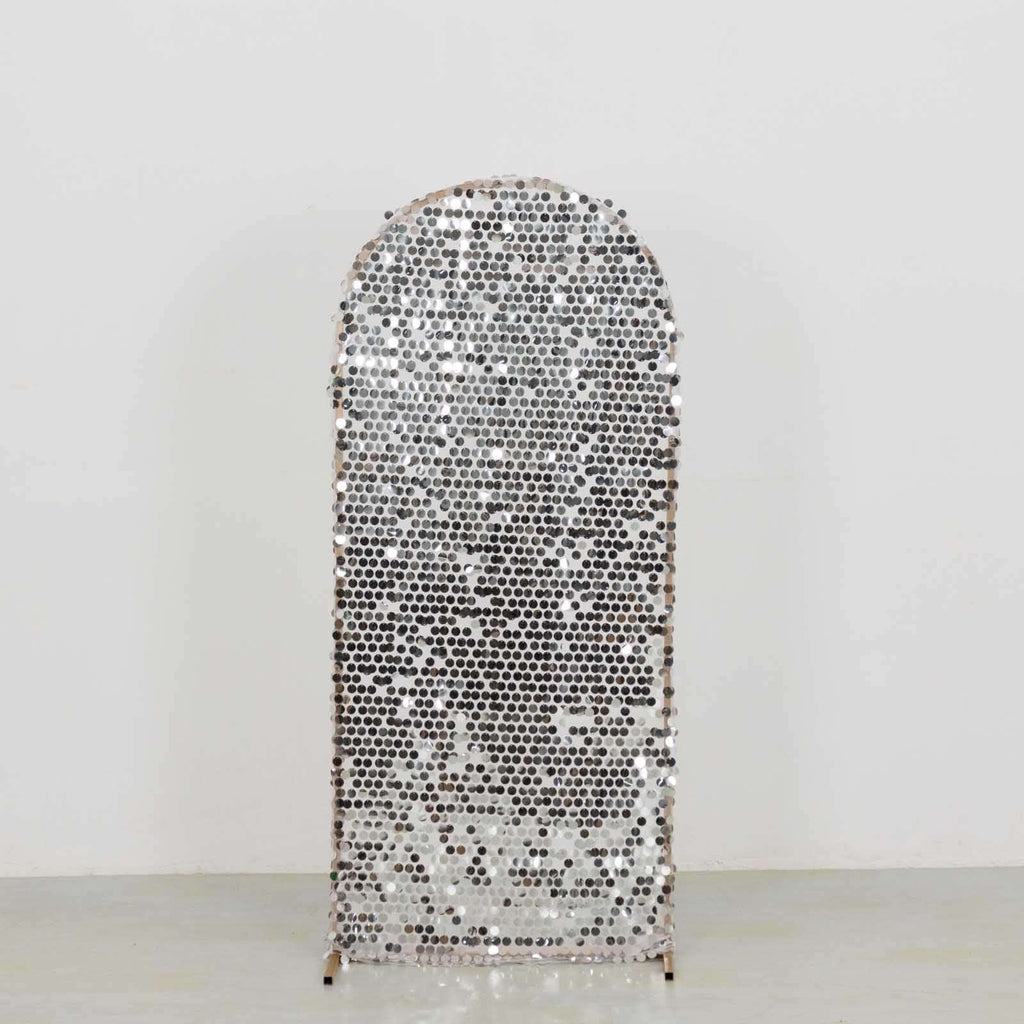 5ft Sparkly Silver Big Payette Sequin Fitted Wedding Arch Cover for Round Top Chiara Backdrop Stand - Bell Racket Store