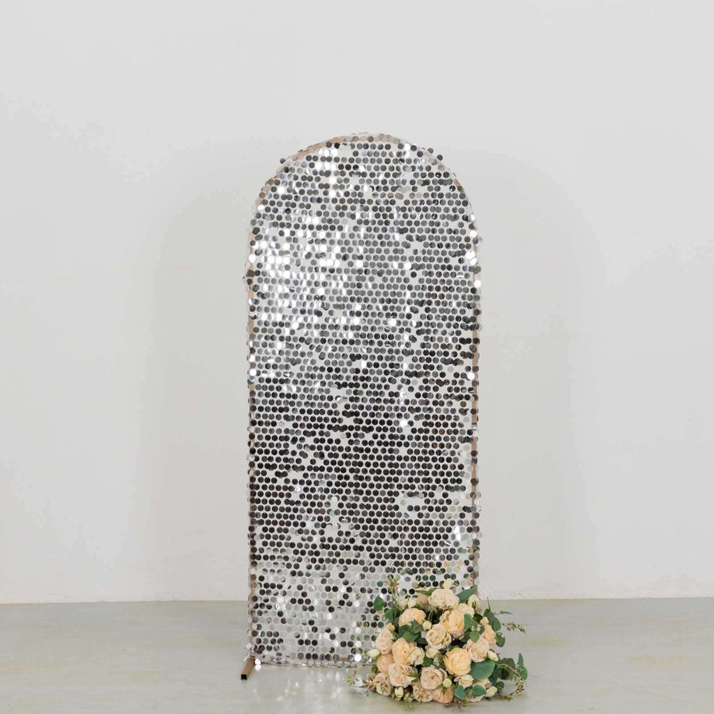 5ft Sparkly Silver Big Payette Sequin Fitted Wedding Arch Cover for Round Top Chiara Backdrop Stand - Bell Racket Store