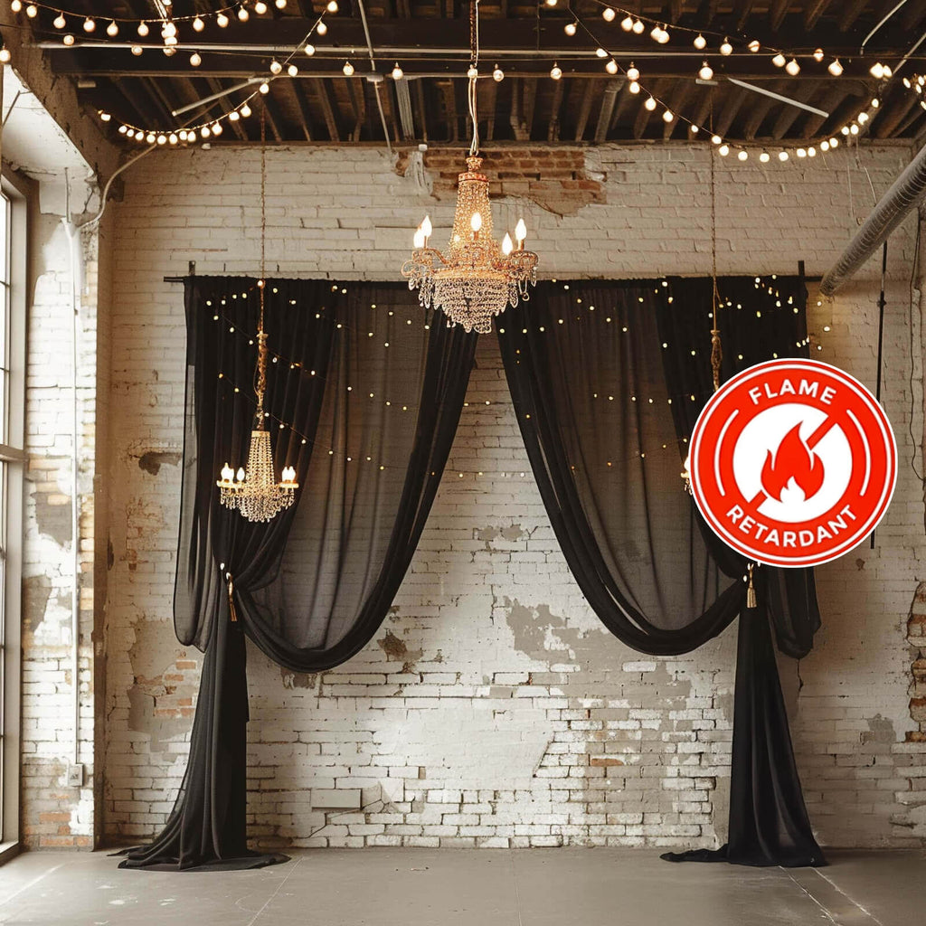 5ftx32ft Black Chiffon Curtain Panel, Durable Flame Resistant Backdrop Ceiling Drapery With Rod Pocket - Bell Racket Store