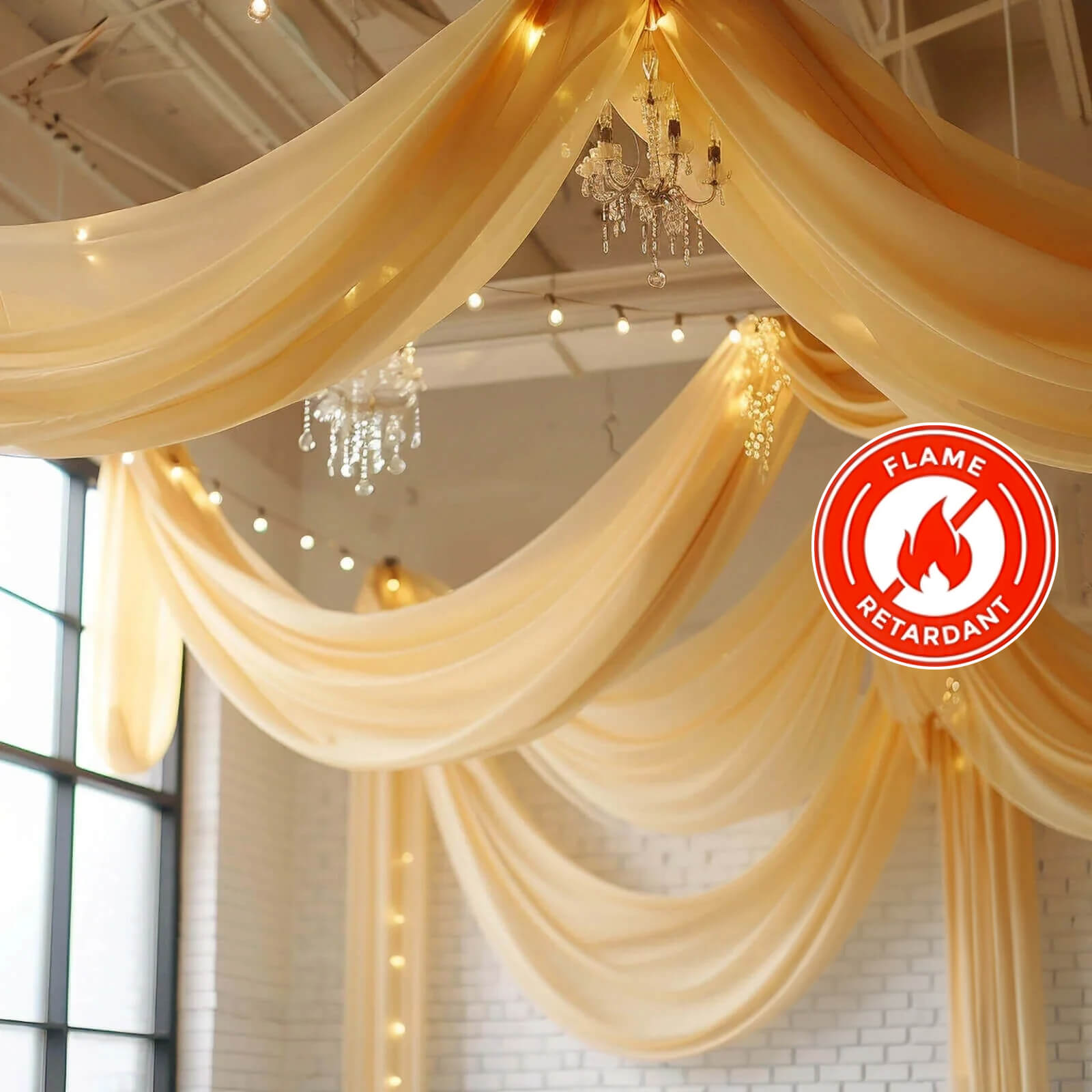 5ftx32ft Champagne Chiffon Curtain Panel, Durable Flame Resistant Backdrop Ceiling Drapery With Rod Pocket - Bell Racket Store