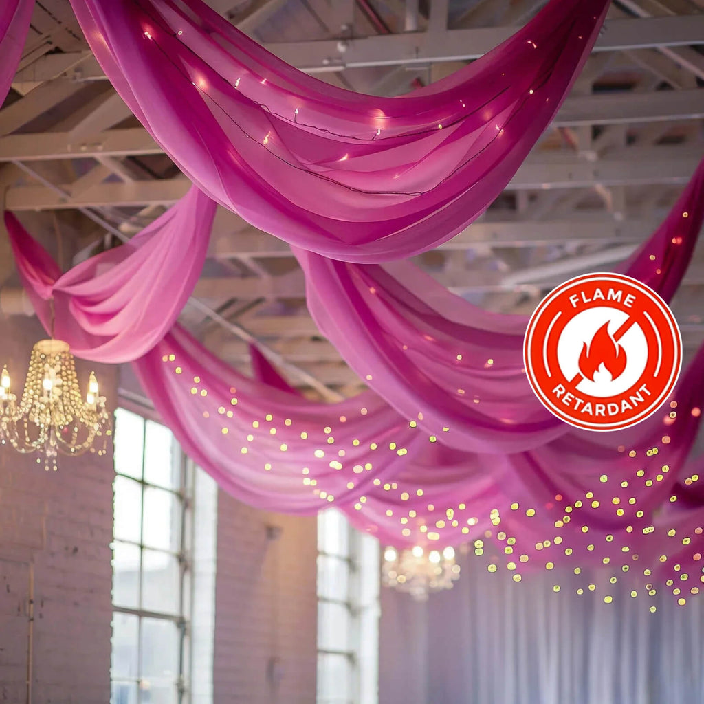 5ftx32ft Fuchsia Chiffon Curtain Panel, Durable Flame Resistant Backdrop Ceiling Drapery With Rod Pocket - Bell Racket Store