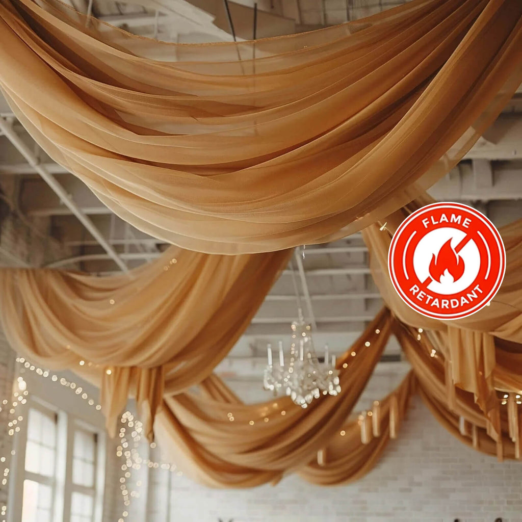 5ftx32ft Gold Chiffon Curtain Panel, Durable Flame Resistant Backdrop Ceiling Drapery With Rod Pocket - Bell Racket Store