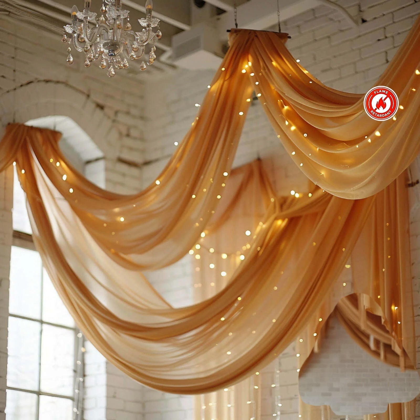 5ftx32ft Gold Chiffon Curtain Panel, Durable Flame Resistant Backdrop Ceiling Drapery With Rod Pocket - Bell Racket Store