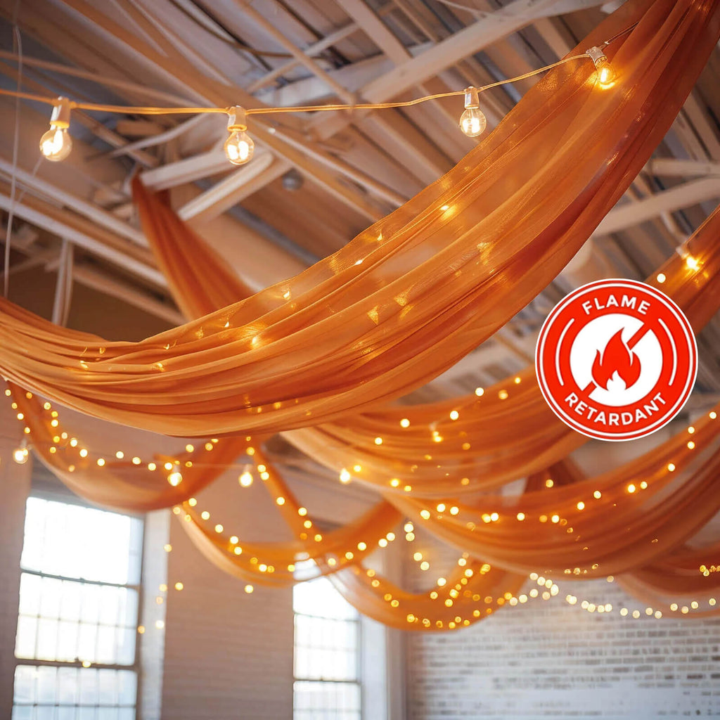 5ftx32ft Terracotta (Rust) Chiffon Curtain Panel, Durable Flame Resistant Backdrop Ceiling Drapery With Rod Pocket - Bell Racket Store