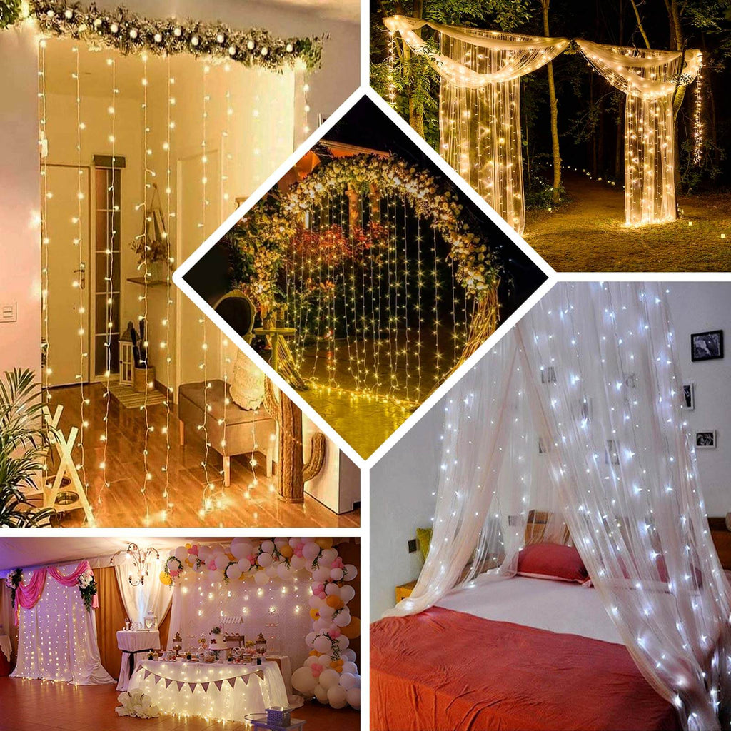5ftx8ft Warm White 192 LED Icicle Curtain Fairy String Lights with 8 Modes - Bell Racket Store