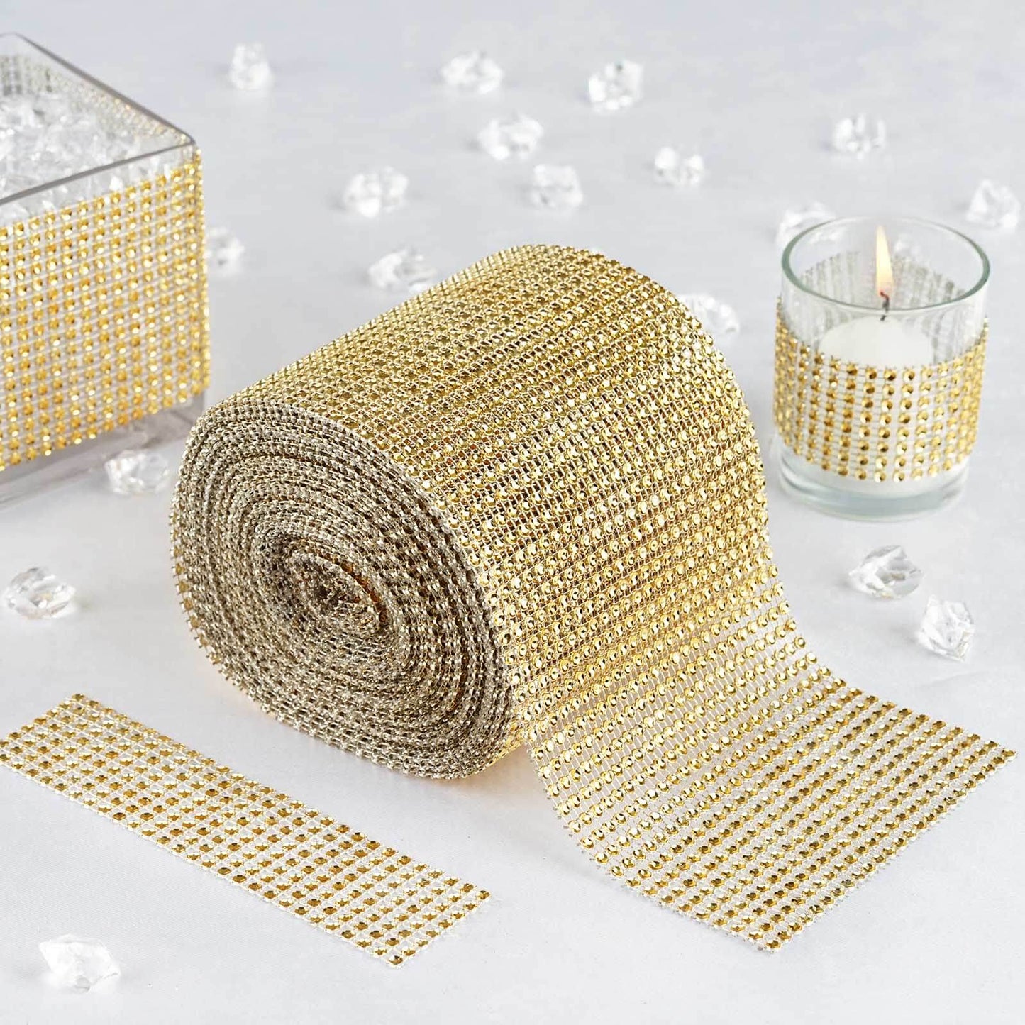 5"x10 Yards Shiny Gold Diamond Rhinestone Ribbon Wrap Roll, DIY Craft Decor - NestOCart