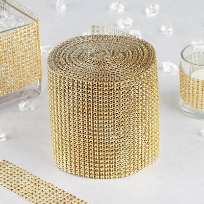 5"x10 Yards Shiny Gold Diamond Rhinestone Ribbon Wrap Roll, DIY Craft Decor - NestOCart