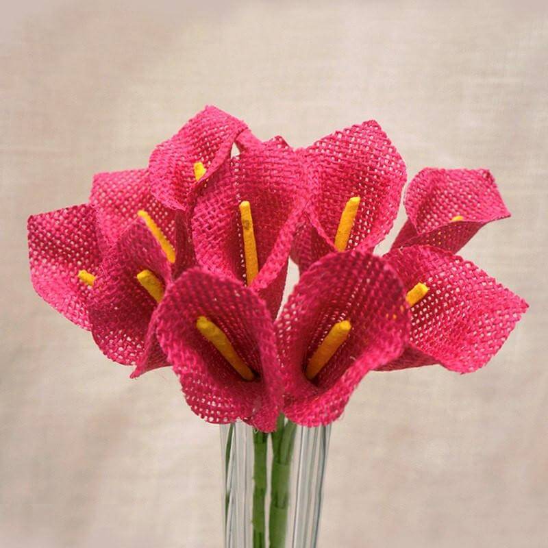 6 Bushes 36 Pcs 10" Fuchsia Burlap Calla Lily Flowers With Stems - Bell Racket Store