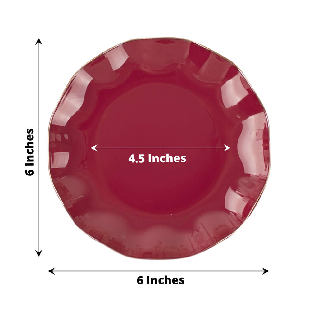 10-Pack Plastic Round 6" Dessert Plates in Burgundy Ruffled Rim with Gold Edging - Sturdy Disposable Salad Appetizer Dinnerware