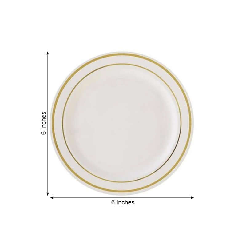 10-Pack Plastic Dessert Plates Ivory with TrÃ¨s Chic Gold Rim - Disposable Appetizer Plates for Parties 6"