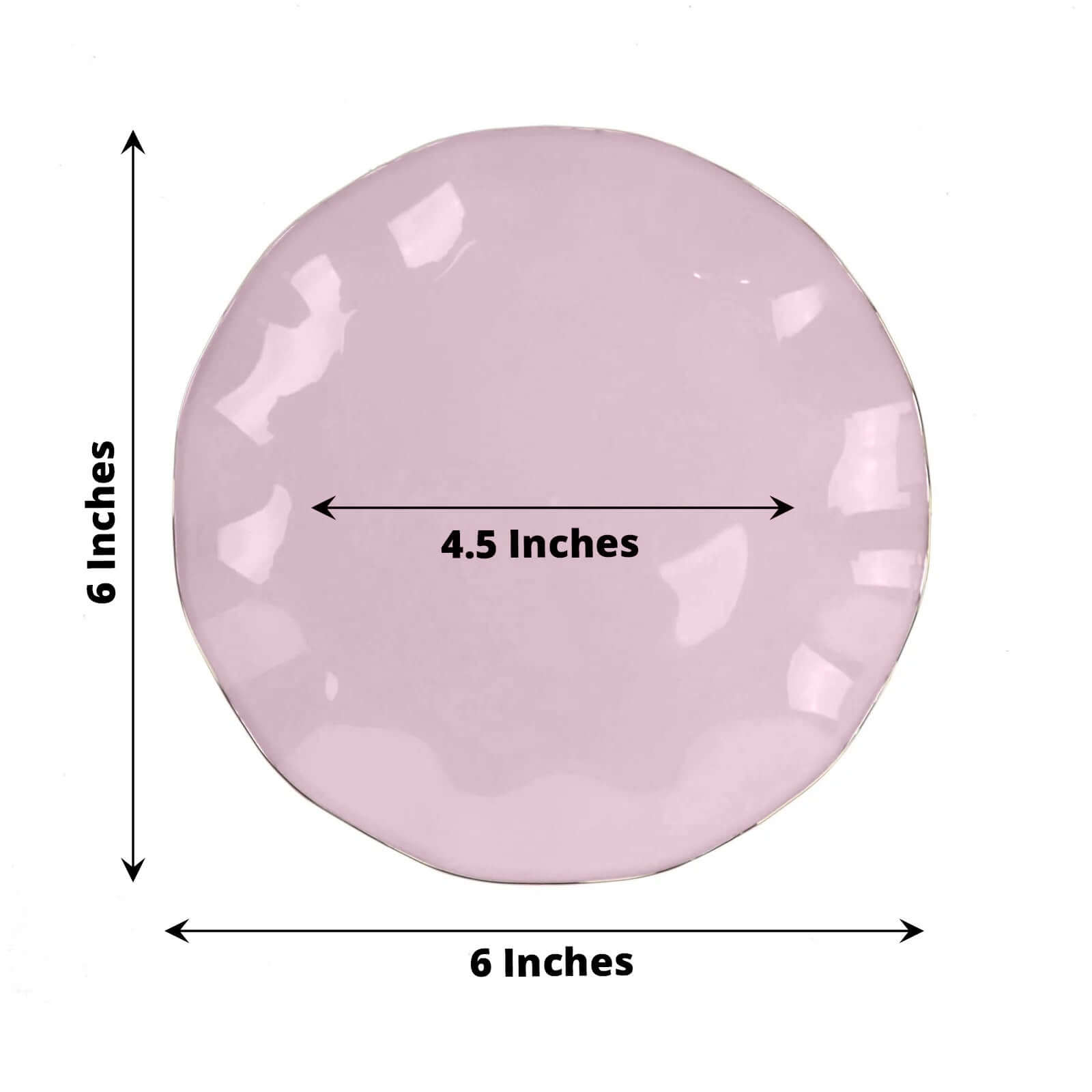 10-Pack Plastic Round 6" Dessert Plates in Lavender Lilac Ruffled Rim with Gold Edging - Sturdy Disposable Salad Appetizer Dinnerware