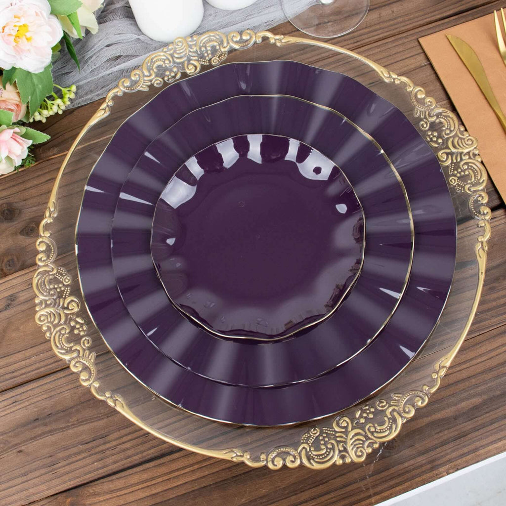 10-Pack Plastic Round 6" Dessert Plates in Purple Ruffled Rim with Gold Edging - Sturdy Disposable Salad Appetizer Dinnerware