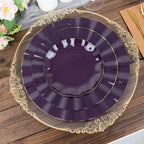 10-Pack Plastic Round 6" Dessert Plates in Purple Ruffled Rim with Gold Edging - Sturdy Disposable Salad Appetizer Dinnerware
