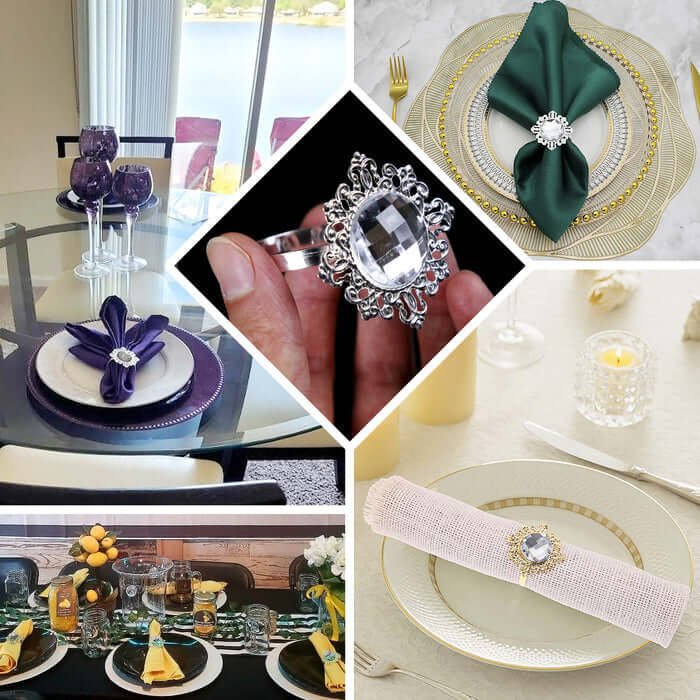6 Pack 2" Gold Metal Crystal Rhinestone Napkin Rings, Diamond Bling Napkin Holders - Bell Racket Store