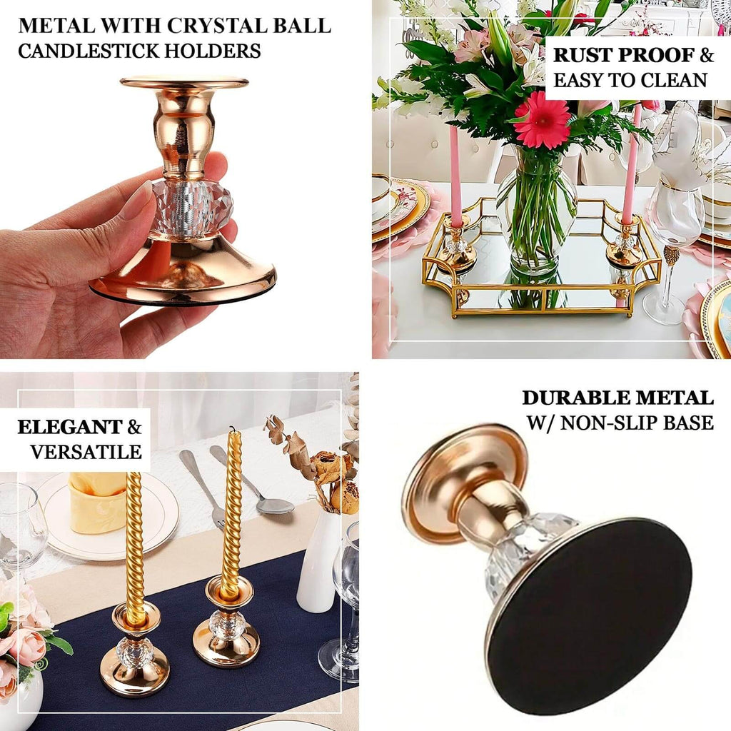 6 Pack 3.5" Gold Metal Taper Candle Holders with Crystal Ball Center, Vintage Candlestick Stands - Bell Racket Store