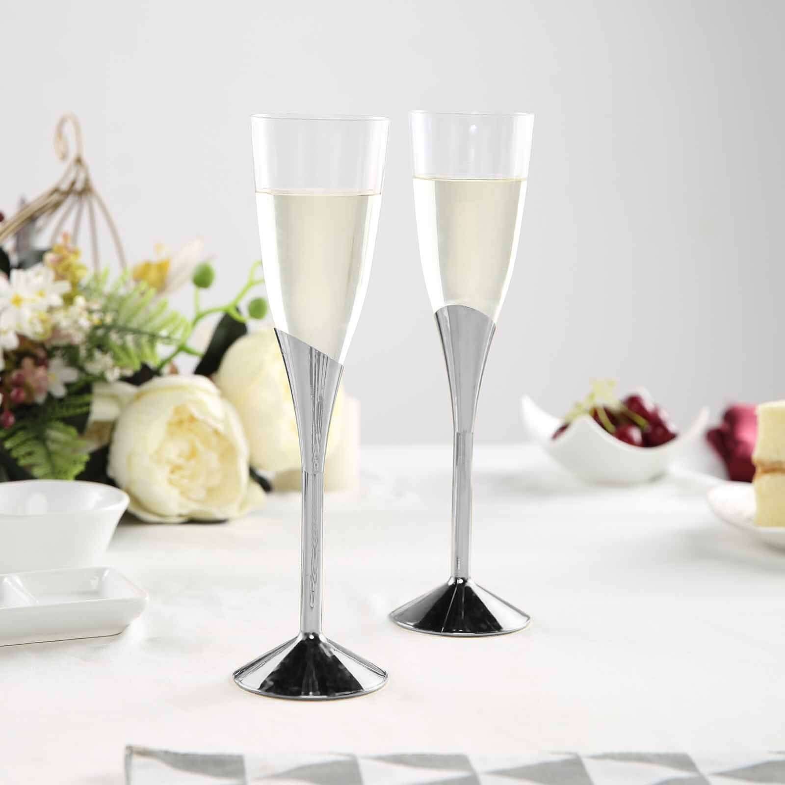 6-Pack Plastic Champagne Flutes Clear/Silver - Stylish Disposable Glasses for Toasts 5oz
