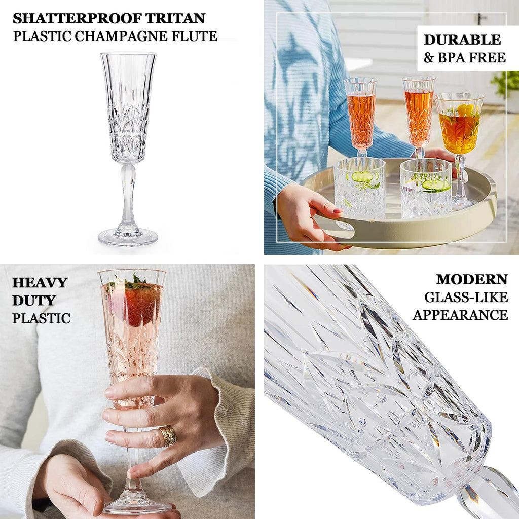 6 Pack 6oz Shatterproof Plastic Champagne Flutes with Embossed Leaf Pattern, Clear Reusable Cocktail Wine Glasses - 8.5" - Bell Racket Store