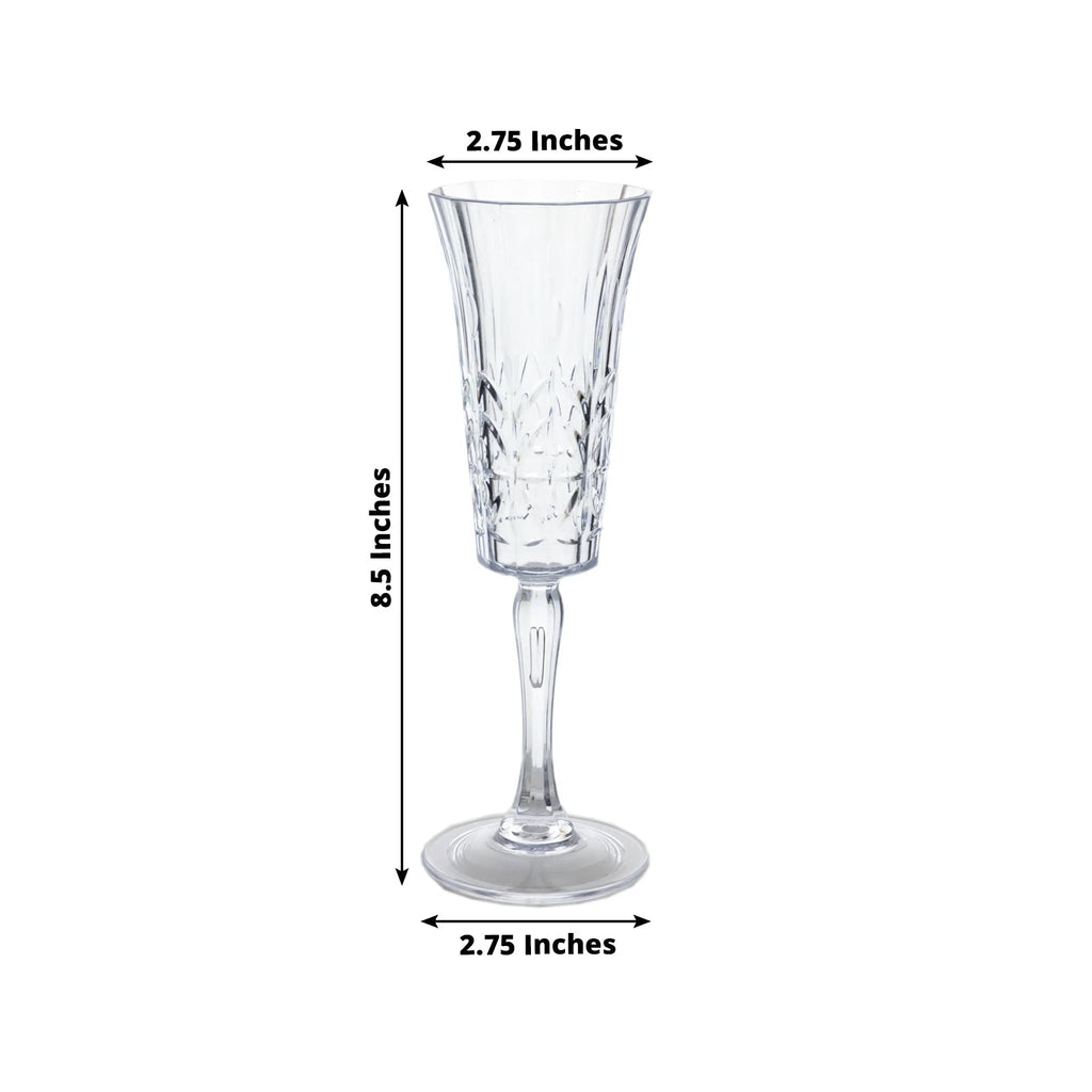6 Pack 6oz Shatterproof Plastic Champagne Flutes with Embossed Leaf Pattern, Clear Reusable Cocktail Wine Glasses - 8.5" - Bell Racket Store