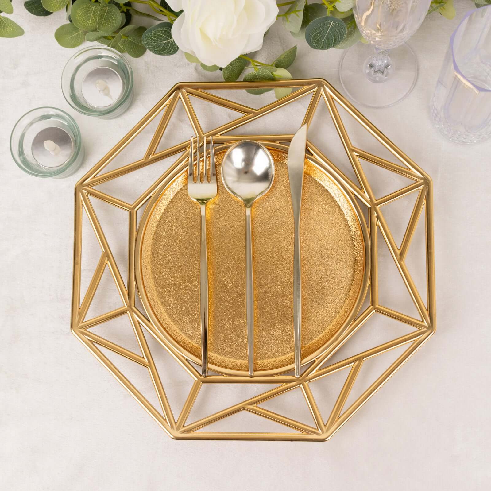 6 - Pack Acrylic Octagon Charger Plates 13" in Metallic Gold with Hollow Geometric Rim, Plastic Disposable Decorative Chargers - Bell Racket Store
