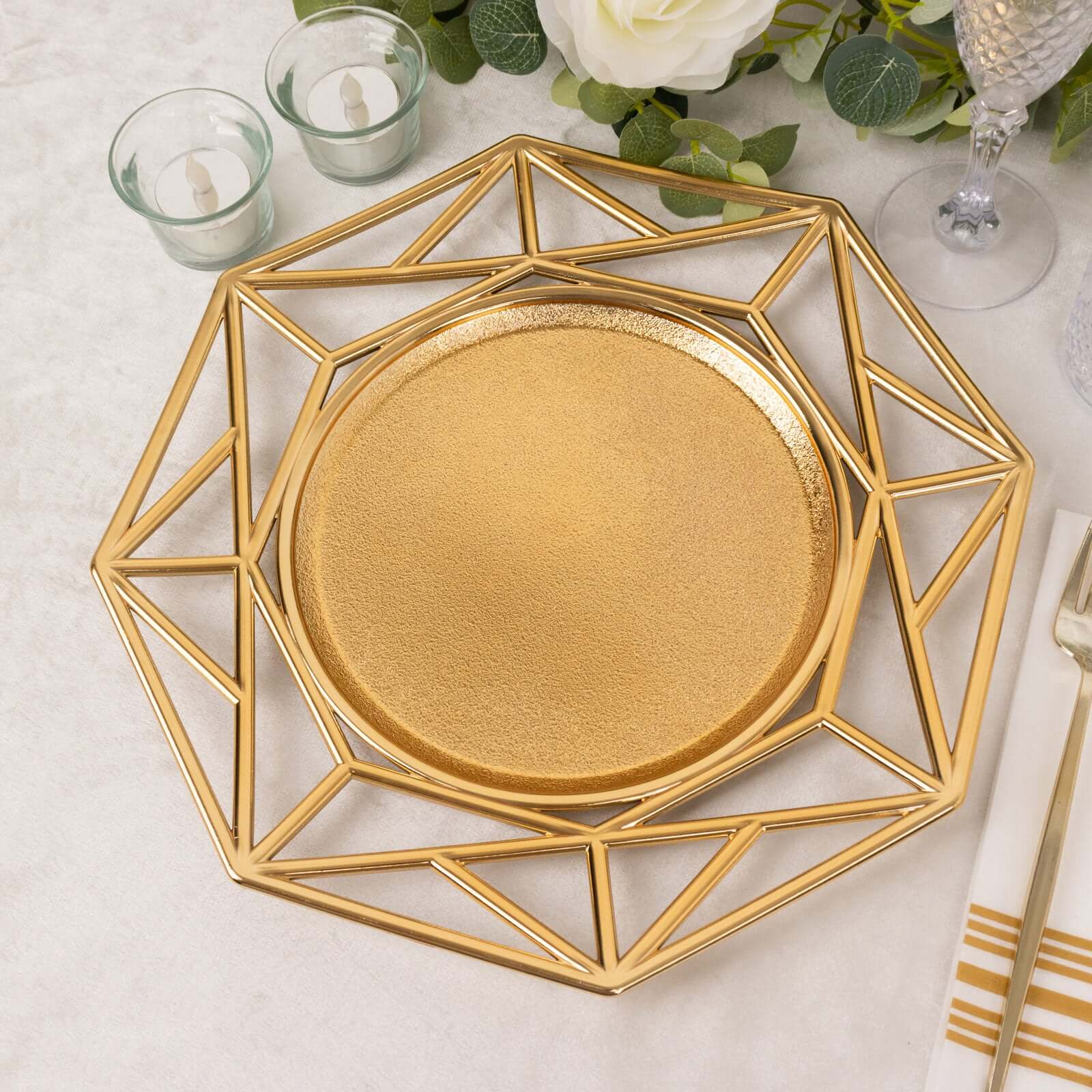 6 - Pack Acrylic Octagon Charger Plates 13" in Metallic Gold with Hollow Geometric Rim, Plastic Disposable Decorative Chargers - Bell Racket Store