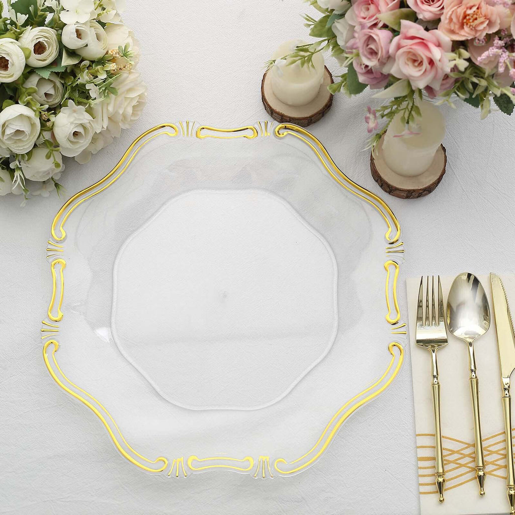6 - Pack Acrylic Plastic Hexagon Charger Plates 13" in Clear with Gold Baroque Scalloped Rim, Exquisite Dinner Serving Plates - Bell Racket Store