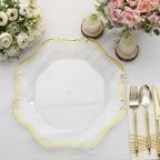 6 - Pack Acrylic Plastic Hexagon Charger Plates 13" in Clear with Gold Baroque Scalloped Rim, Exquisite Dinner Serving Plates - Bell Racket Store